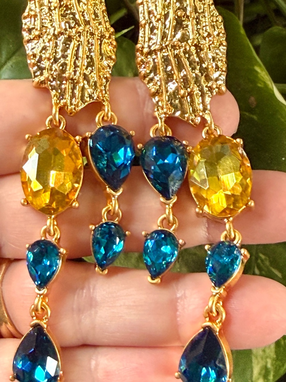 Oscar de la Renta Gold Tone Drop Earrings Citrine /Capri Blue Crystals⭐️ CLIP ON - Picture 9 of 12